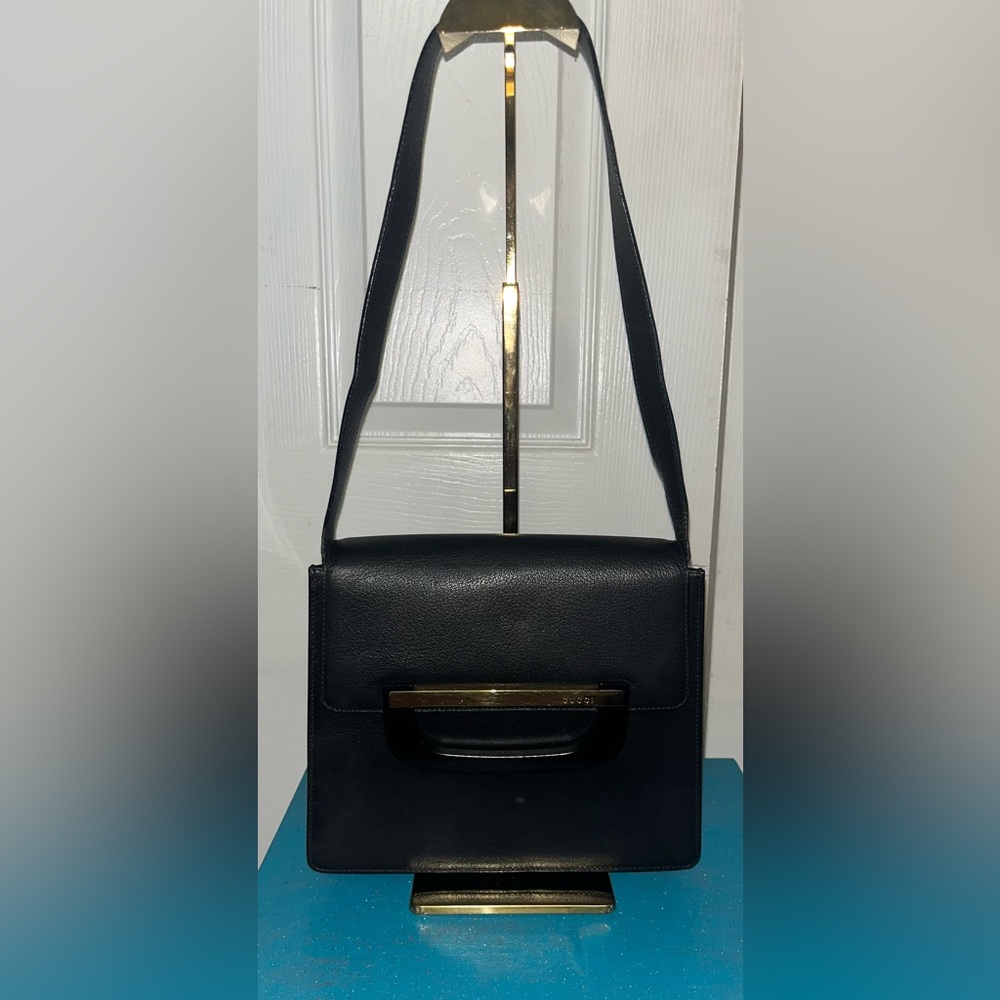 Gucci Vintage Black Leather Shoulder Bag with Gold Accents